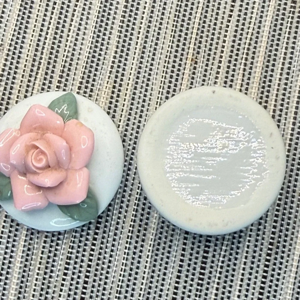Vintage Porcelain Trinket Box Pink Rose Flower Lid Round Ceramic Jewelry Case